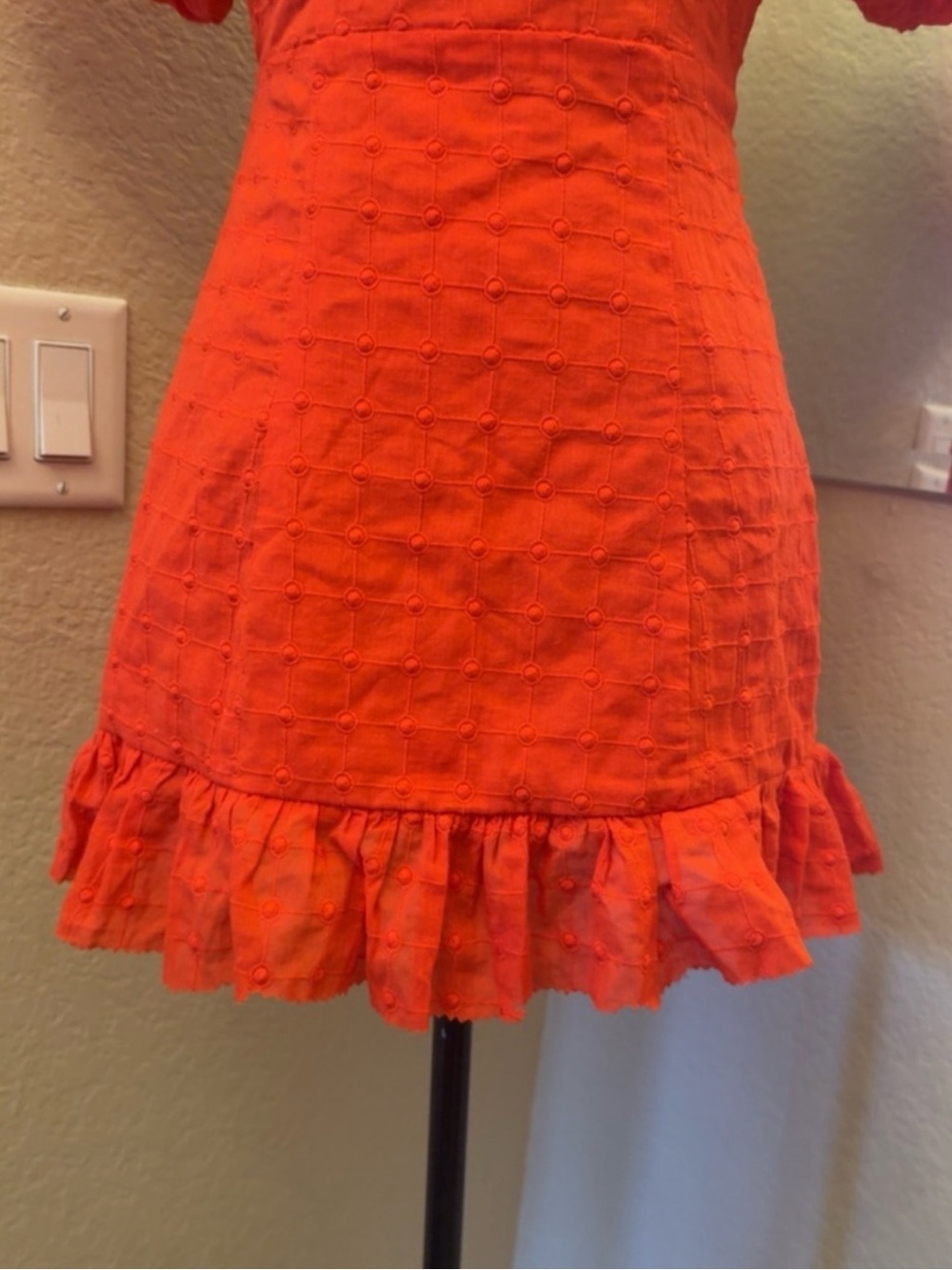 Square Neck Red Orange Puff Sleeve Mini Dress - Picture 12 of 16
